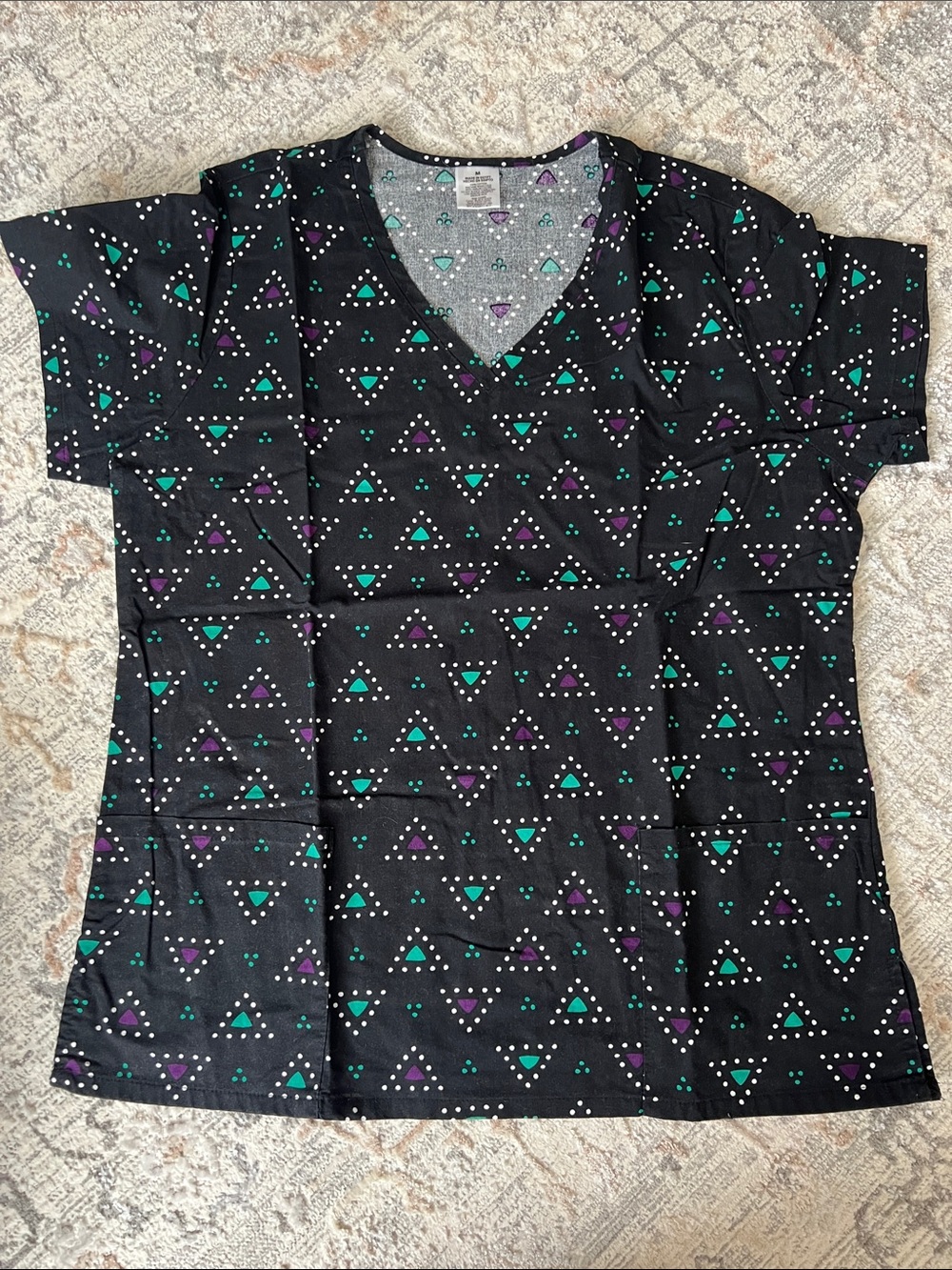Medium Black V-Neck Women’s Scrub Top with Teal & Purple Triangle Print